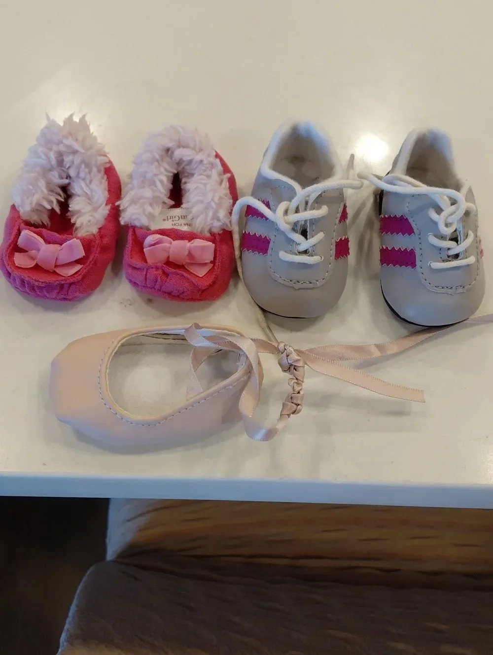 American Girl Pink PlushSlippers. Gray-Pink Sneakers & Pale Pink Ballet Shoe .